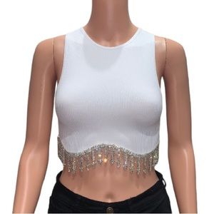 White Rhinestone Fringe Drop Crop Top